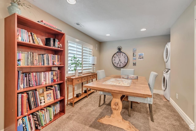 3065 W Current Creek Dr, South Jordan, UT 84095 - home office with stacked washer and clothes dryer, carpet flooring, and recessed lighting