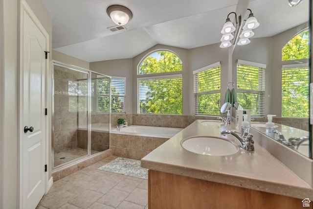 3065 W Current Creek Dr, South Jordan, UT 84095 - bathroom featuring a shower stall, healthy amount of natural light, a bath, double vanity, and lofted ceiling