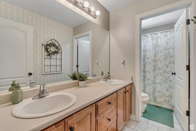 3065 W Current Creek Dr, South Jordan, UT 84095 - bathroom with double vanity, tile patterned flooring, curtained shower, and wallpapered walls