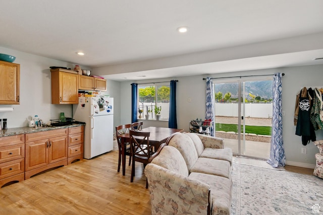 1226 N 3020 W, Provo, UT 84601 - kitchen with freestanding refrigerator, light wood-style flooring, recessed lighting, open floor plan, and stone countertops
