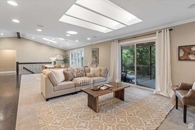 8022 S Deer Creek Rd E, Cottonwood Heights, UT 84121 - living area featuring a skylight, crown molding, plenty of natural light, recessed lighting, and light wood-style flooring