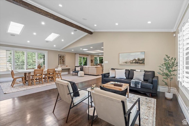 8022 S Deer Creek Rd E, Cottonwood Heights, UT 84121 - living room with plenty of natural light, dark wood-type flooring, a skylight, recessed lighting, and ornamental molding