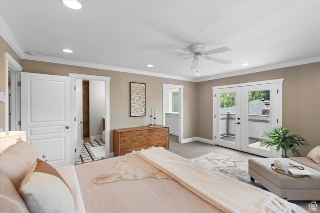 8022 S Deer Creek Rd E, Cottonwood Heights, UT 84121 - bedroom with recessed lighting, access to outside, french doors, crown molding, and ensuite bath