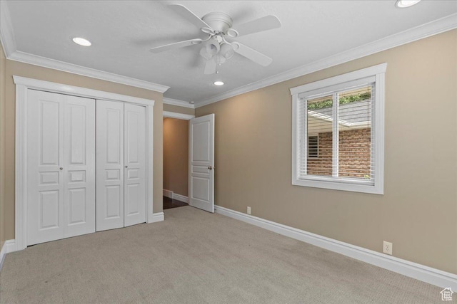 8022 S Deer Creek Rd E, Cottonwood Heights, UT 84121 - unfurnished bedroom with recessed lighting, light carpet, a closet, ornamental molding, and a ceiling fan
