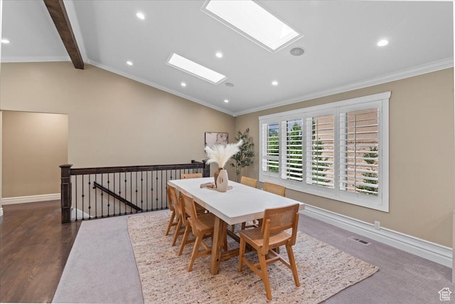 8022 S Deer Creek Rd E, Cottonwood Heights, UT 84121 - dining area featuring a skylight, ornamental molding, recessed lighting, and wood finished floors
