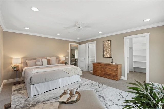 8022 S Deer Creek Rd E, Cottonwood Heights, UT 84121 - bedroom featuring light carpet, recessed lighting, a walk in closet, crown molding, and a ceiling fan