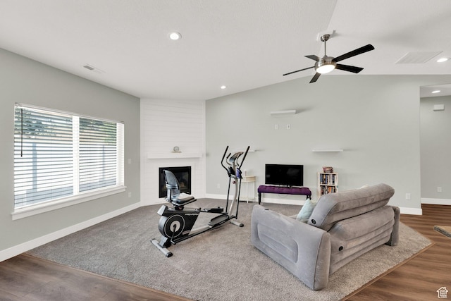 1016 N Vista Loop, Morgan, UT 84050 - workout room featuring a fireplace, recessed lighting, lofted ceiling, a ceiling fan, and wood finished floors