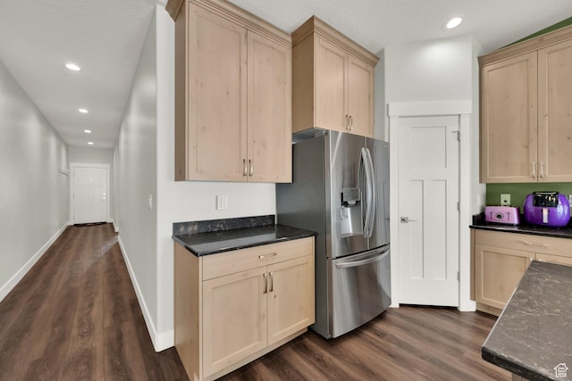 1016 N Vista Loop, Morgan, UT 84050 - kitchen with stainless steel refrigerator with ice dispenser, light brown cabinets, dark wood-style flooring, and recessed lighting