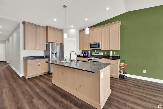 1016 N Vista Loop, Morgan, UT 84050 - kitchen featuring stainless steel appliances, vaulted ceiling, light brown cabinetry, an island with sink, and dark wood finished floors