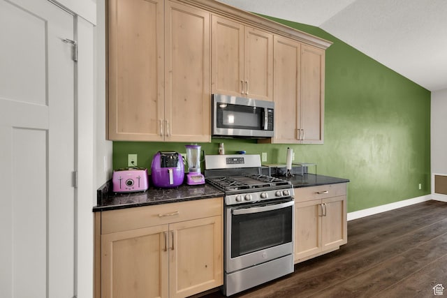 1016 N Vista Loop, Morgan, UT 84050 - kitchen with stainless steel appliances, vaulted ceiling, light brown cabinets, and dark wood-type flooring