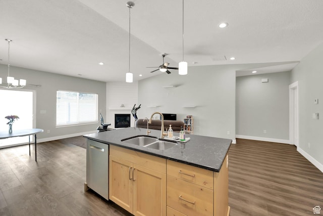 1016 N Vista Loop, Morgan, UT 84050 - kitchen with open floor plan, stainless steel dishwasher, light brown cabinets, a fireplace, and dark wood-style floors