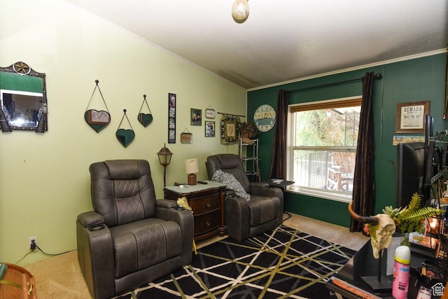 93 N Sherman St, Stockton, UT 84071 - carpeted living area featuring crown molding and lofted ceiling