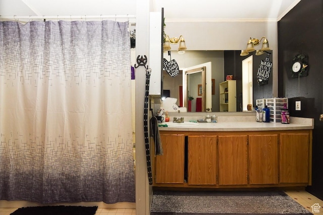 93 N Sherman St, Stockton, UT 84071 - bathroom featuring vanity, crown molding, and curtained shower