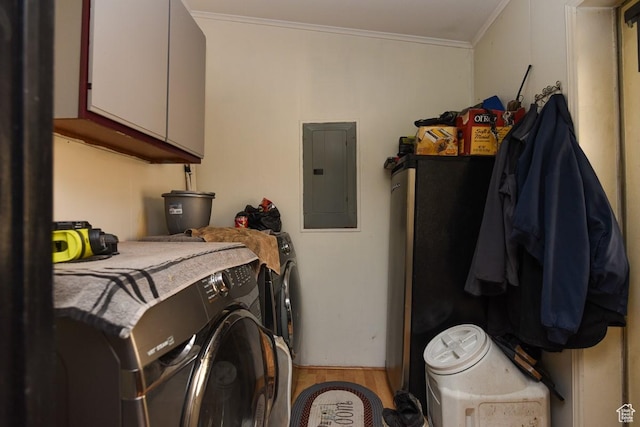 93 N Sherman St, Stockton, UT 84071 - laundry room with electric panel, washing machine and clothes dryer, cabinet space, light wood-style floors, and crown molding