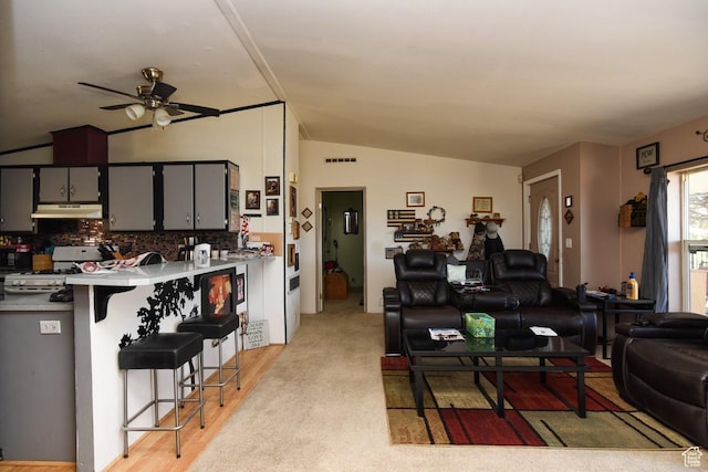 93 N Sherman St, Stockton, UT 84071 - living room with vaulted ceiling, ceiling fan, and light wood finished floors