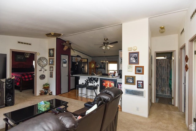 93 N Sherman St, Stockton, UT 84071 - living room with carpet floors, ceiling fan, and vaulted ceiling