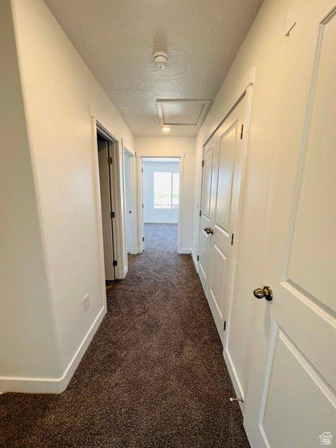 2944 W Ezra Dr, Cedar City, UT 84720 - corridor with attic access, dark colored carpet, and a textured ceiling