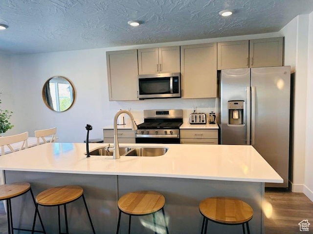 2944 W Ezra Dr, Cedar City, UT 84720 - kitchen featuring appliances with stainless steel finishes, gray cabinets, dark wood finished floors, a breakfast bar, and light countertops
