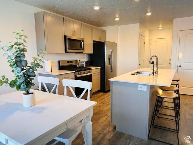 2944 W Ezra Dr, Cedar City, UT 84720 - kitchen featuring stainless steel appliances, wood finished floors, a kitchen island with sink, a kitchen bar, and light countertops