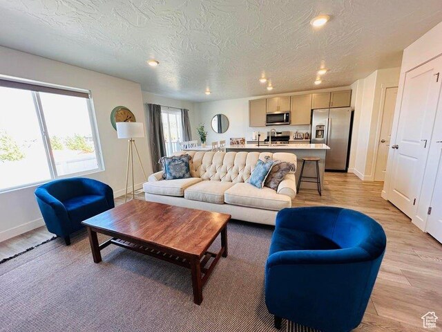 2944 W Ezra Dr, Cedar City, UT 84720 - living room with light wood-style floors, recessed lighting, and a textured ceiling