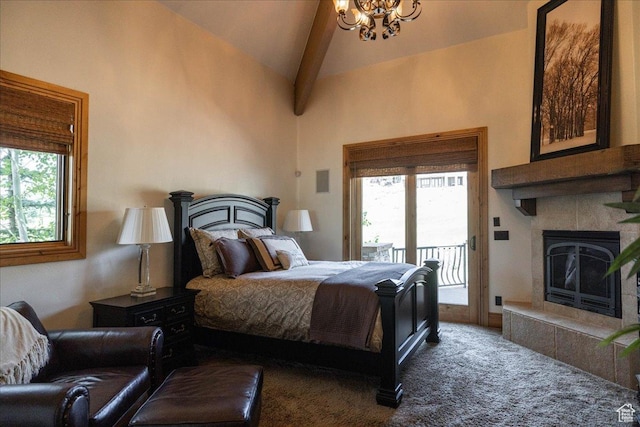 2711 E Bitter Brush Dr, Park City, UT 84098 - carpeted bedroom with access to exterior, vaulted ceiling, a tiled fireplace, and a chandelier