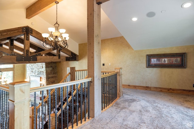 2711 E Bitter Brush Dr, Park City, UT 84098 - hall featuring an upstairs landing, a chandelier, carpet floors, and recessed lighting