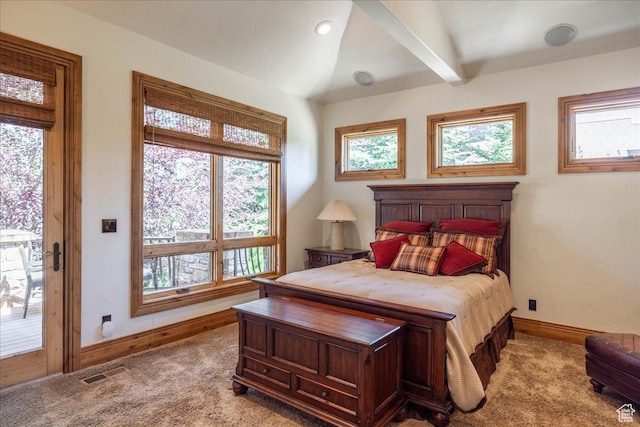 2711 E Bitter Brush Dr, Park City, UT 84098 - carpeted bedroom with multiple windows, access to exterior, and vaulted ceiling