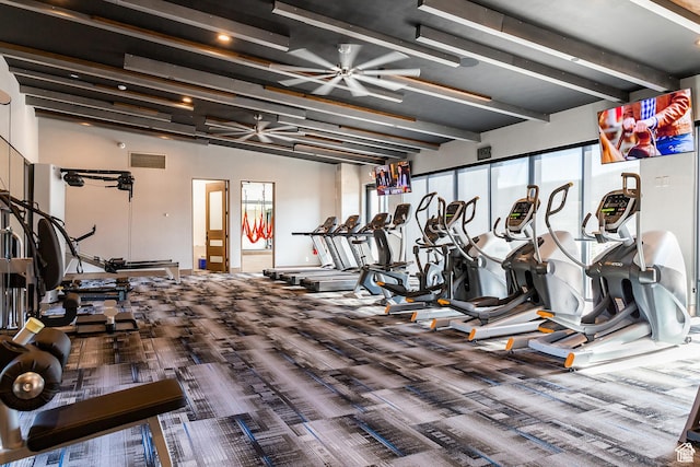 2711 E Bitter Brush Dr, Park City, UT 84098 - exercise room with plenty of natural light, carpet, ceiling fan, and beamed ceiling
