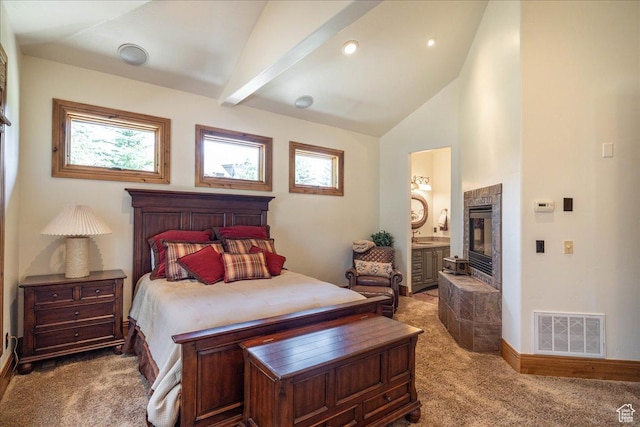 2711 E Bitter Brush Dr, Park City, UT 84098 - carpeted bedroom with a tiled fireplace and ensuite bathroom