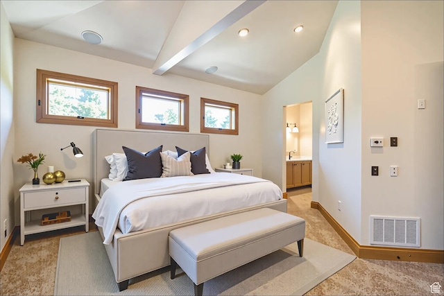 2711 E Bitter Brush Dr, Park City, UT 84098 - bedroom with lofted ceiling, multiple windows, connected bathroom, and light carpet