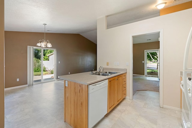 888 S Mallard Loop W, Logan, UT 84321 - kitchen featuring white appliances, light countertops, a chandelier, hanging light fixtures, and light brown cabinetry