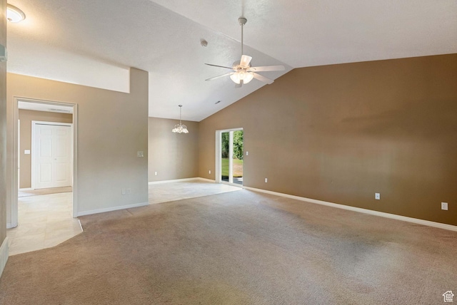 888 S Mallard Loop W, Logan, UT 84321 - unfurnished room with a ceiling fan, light carpet, vaulted ceiling, and a chandelier
