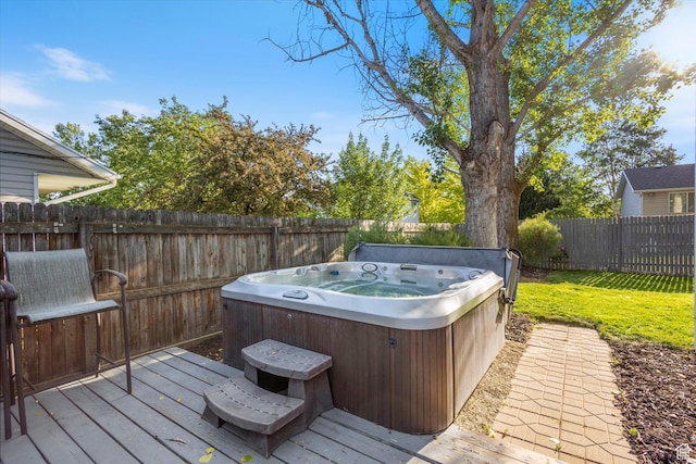 1153 N 280 W, American Fork, UT 84003 - wooden deck with a hot tub and a fenced backyard