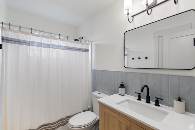 1153 N 280 W, American Fork, UT 84003 - bathroom with vanity, a shower with shower curtain, wainscoting, and tile walls