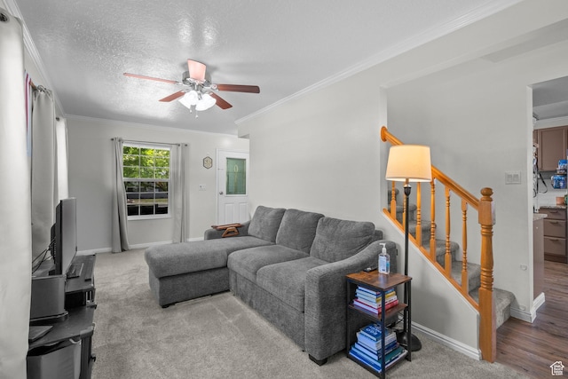 632 W 100 N, Spanish Fork, UT 84660 - carpeted living area with ceiling fan, ornamental molding, stairs, and a textured ceiling