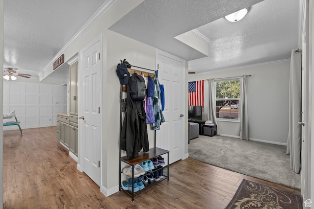 632 W 100 N, Spanish Fork, UT 84660 - hallway with a textured ceiling, ornamental molding, and wood finished floors