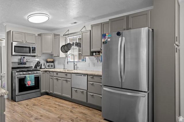 632 W 100 N, Spanish Fork, UT 84660 - kitchen featuring stainless steel appliances, gray cabinets, a textured ceiling, backsplash, and ornamental molding