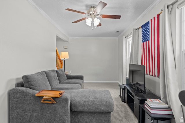 632 W 100 N, Spanish Fork, UT 84660 - living area featuring carpet flooring, ceiling fan, ornamental molding, and stairs