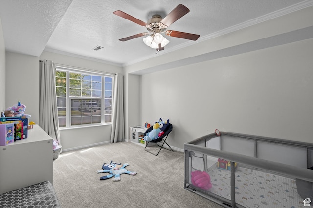 632 W 100 N, Spanish Fork, UT 84660 - unfurnished bedroom featuring carpet flooring, ornamental molding, a textured ceiling, and a ceiling fan