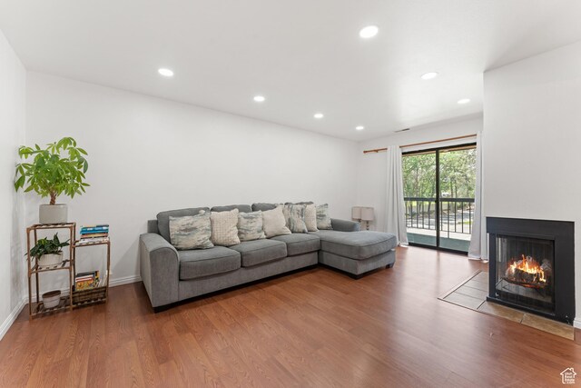 5544 S Springtree Ln E Unit H, Salt Lake City, UT 84107 - living area with wood finished floors, a multi sided fireplace, and recessed lighting