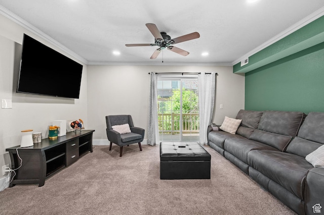 2095 S Main E Unit 5, Bountiful, UT 84010 - living room featuring crown molding, ceiling fan, carpet floors, and recessed lighting