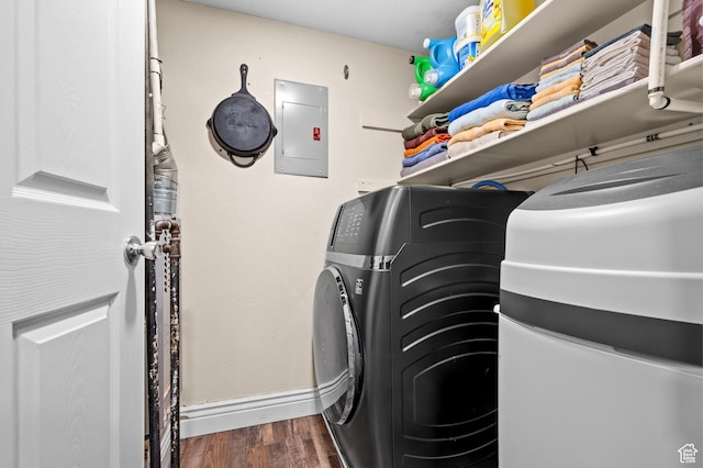 2095 S Main E Unit 5, Bountiful, UT 84010 - laundry room featuring electric panel and dark wood-style floors