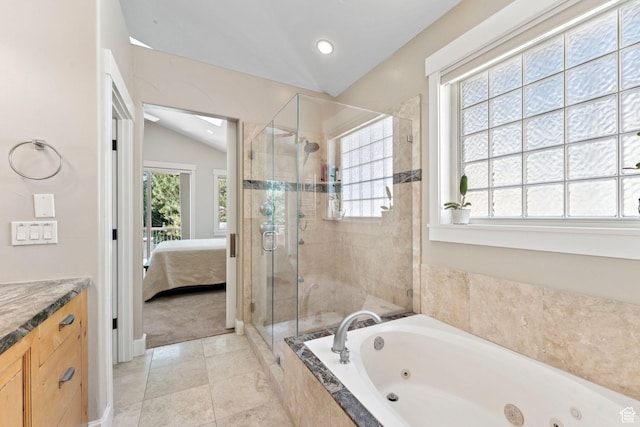 3231 E Lantern Hill Ct S, Cottonwood Heights, UT 84093 - full bathroom with a whirlpool tub, a stall shower, ensuite bath, vanity, and lofted ceiling