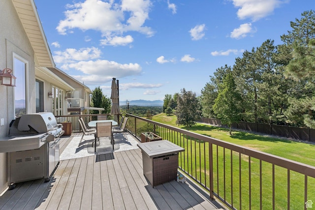 3231 E Lantern Hill Ct S, Cottonwood Heights, UT 84093 - deck with area for grilling, a mountain view, a fenced backyard, and outdoor dining space