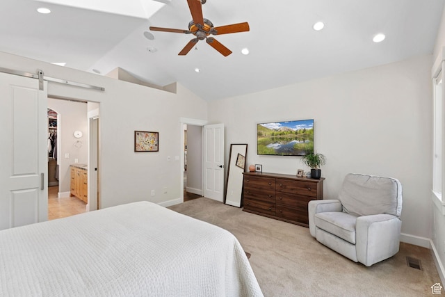 3231 E Lantern Hill Ct S, Cottonwood Heights, UT 84093 - bedroom with vaulted ceiling, light colored carpet, recessed lighting, ceiling fan, and a barn door