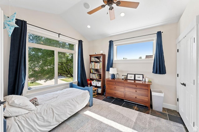 3231 E Lantern Hill Ct S, Cottonwood Heights, UT 84093 - bedroom with multiple windows, lofted ceiling, recessed lighting, a ceiling fan, and a closet