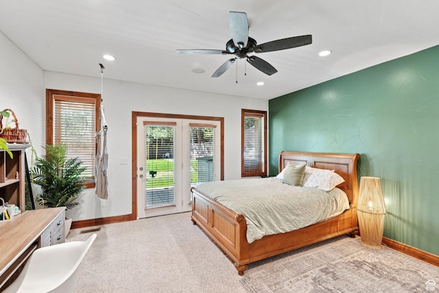 3231 E Lantern Hill Ct S, Cottonwood Heights, UT 84093 - bedroom featuring access to outside, recessed lighting, multiple windows, a ceiling fan, and light carpet