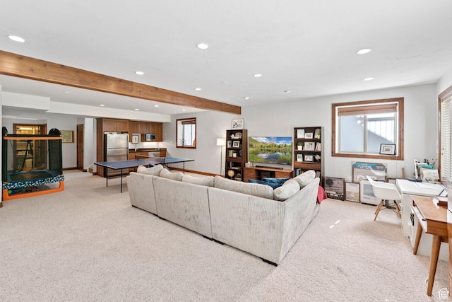 3231 E Lantern Hill Ct S, Cottonwood Heights, UT 84093 - living area with recessed lighting, light carpet, and beam ceiling