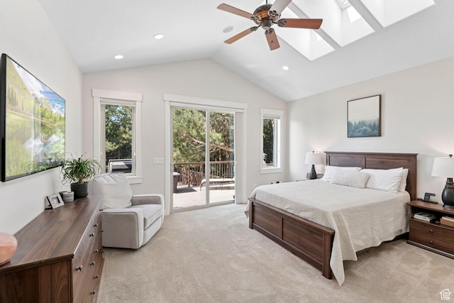3231 E Lantern Hill Ct S, Cottonwood Heights, UT 84093 - bedroom featuring access to exterior, a skylight, light carpet, vaulted ceiling, and recessed lighting