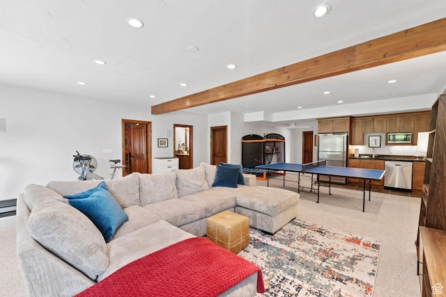 3231 E Lantern Hill Ct S, Cottonwood Heights, UT 84093 - living room featuring recessed lighting, carpet floors, and beam ceiling